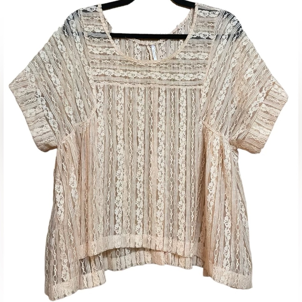 Free People Peach Tea Lace Top Womens Medium Short Sleeve Blouse Ladies